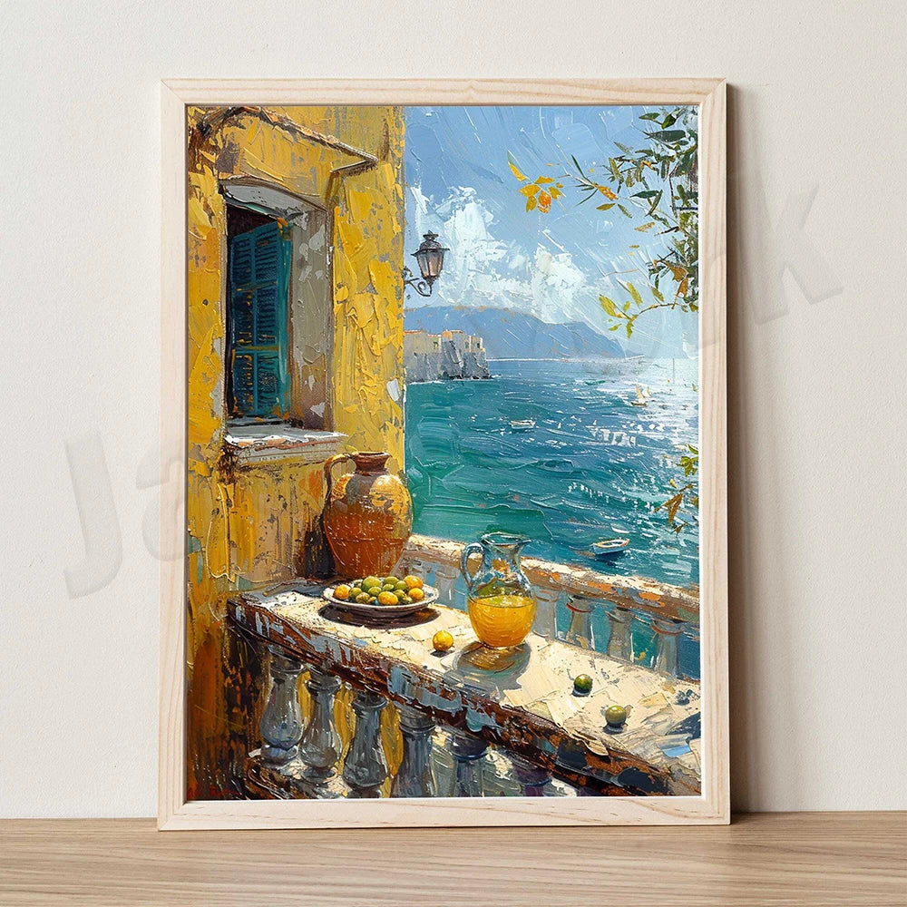Mediterranean alley painting, seascape, lemons, jug, oranges and fish rural coast scenery, country port, nautical scene poster