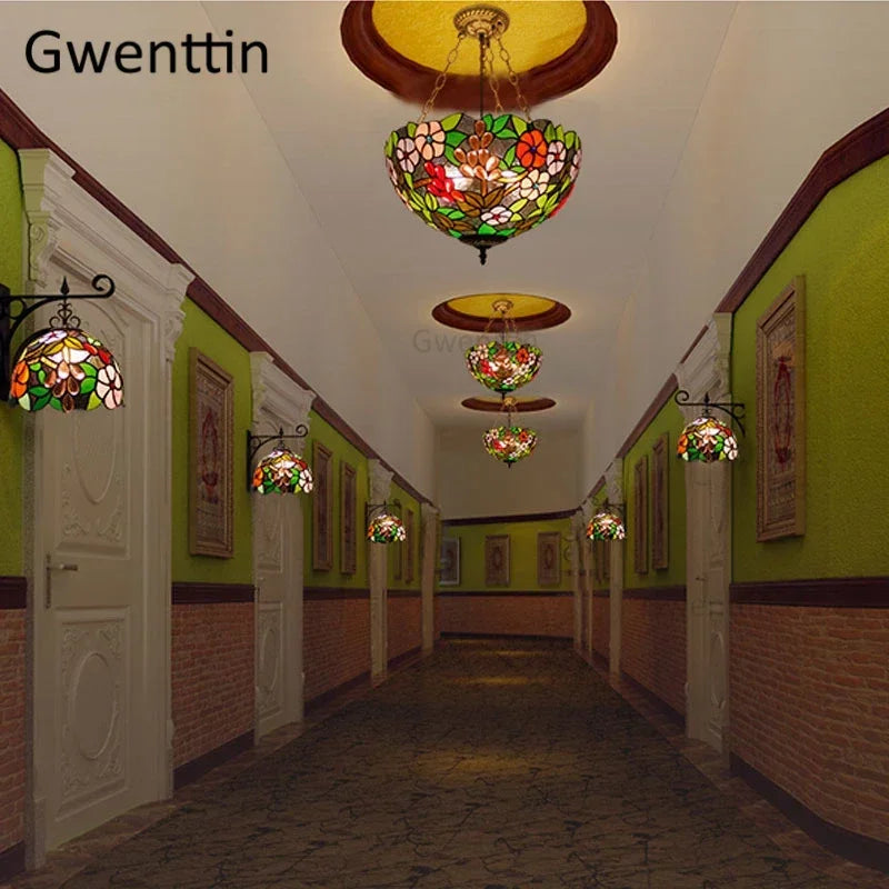 Mediterranean Tiffany Stained Glass Pendant Lights Vintage Hanging Lamp for Dining Room Kitchen Light Fixtures Home Art Decor