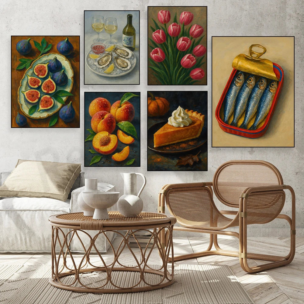 Canned sardines, botanical fruits, sardines, tulips, lemon tree, oyster shell oil, still life print, kitchen decoration poster
