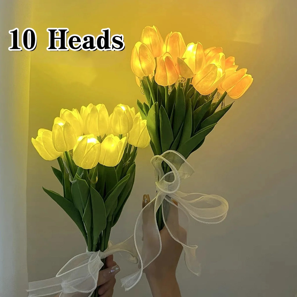 10 Heads Luminous Tulip LED Night Light DIY Handmade Lamp Artificial Flower  Bridal Bouquet Christmas New Year Atmosphere Light