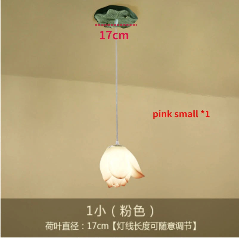 New Chinese Lotus Lamp Pendant Lamp Pink Lotus Glass Lustre Pendant Lights Living Dining Room Tea Room Lotus Lamp Home Decor