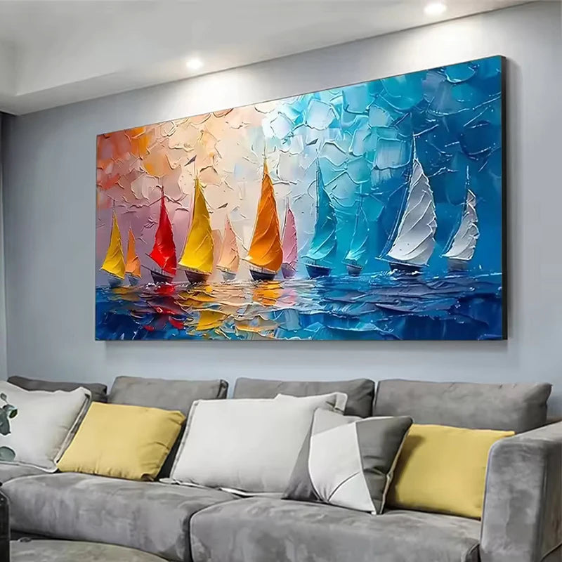 Modern Sailboat Sea View Canvas Art oil Paintings Large-Sized Landscape Canvas Printing Poster for Living Room Home Decoration