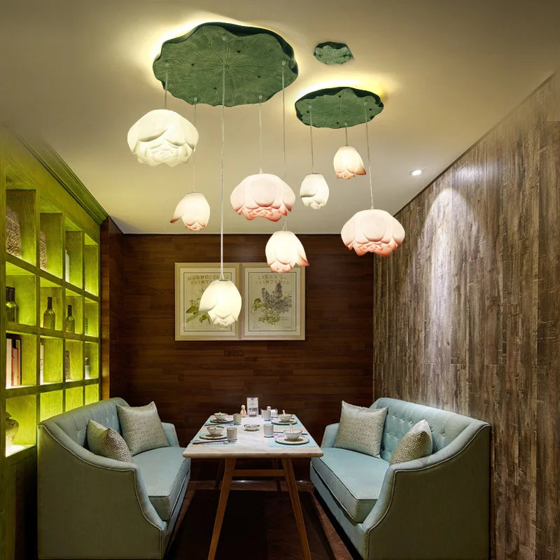 New Chinese Lotus Lamp Pendant Lamp Pink Lotus Glass Lustre Pendant Lights Living Dining Room Tea Room Lotus Lamp Home Decor