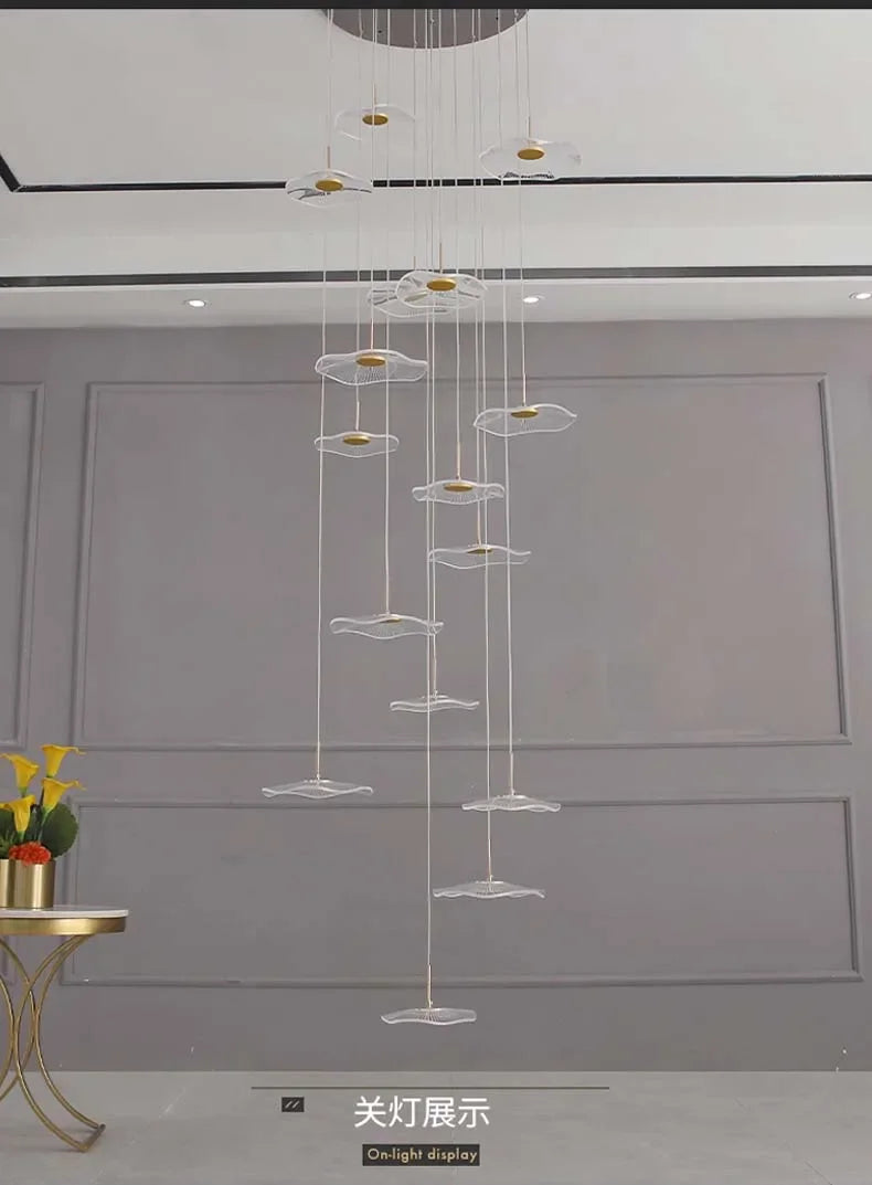 Modern LED Lotus Chandelier For Staircase Dining Room Luxury Gold Indoor Hanging Lamp Nordic Loft Long Creative Lighting Fixture