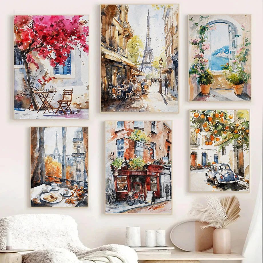 Paris Rome Santorini Coastal City Architecture landscape Watercolor Art Poster Canvas Paintings Wall Art Pictures Home Decor