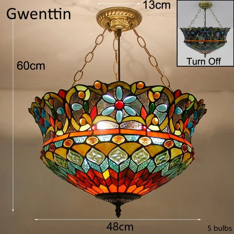 Mediterranean Tiffany Stained Glass Pendant Lights Vintage Hanging Lamp for Dining Room Kitchen Light Fixtures Home Art Decor