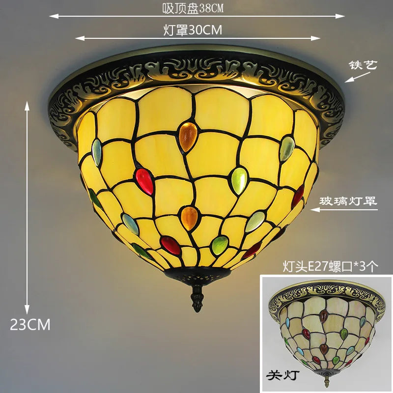 Tiffany Style Colored Glass Ceiling Lamp Retro American Art Deco Stained Glass Artistic for Living Room Dining Room Foyer