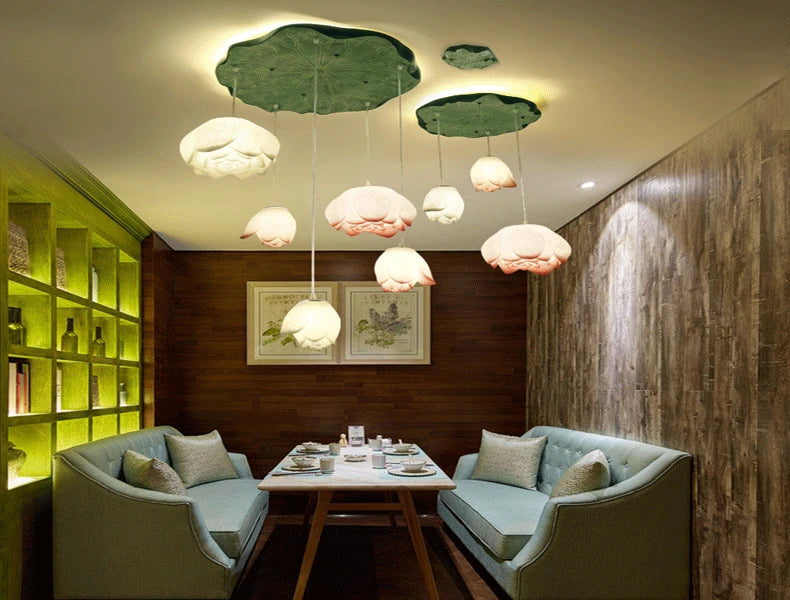 New Chinese Lotus Lamp Pendant Lamp Pink Lotus Glass Lustre Pendant Lights Living Dining Room Tea Room Lotus Lamp Home Decor