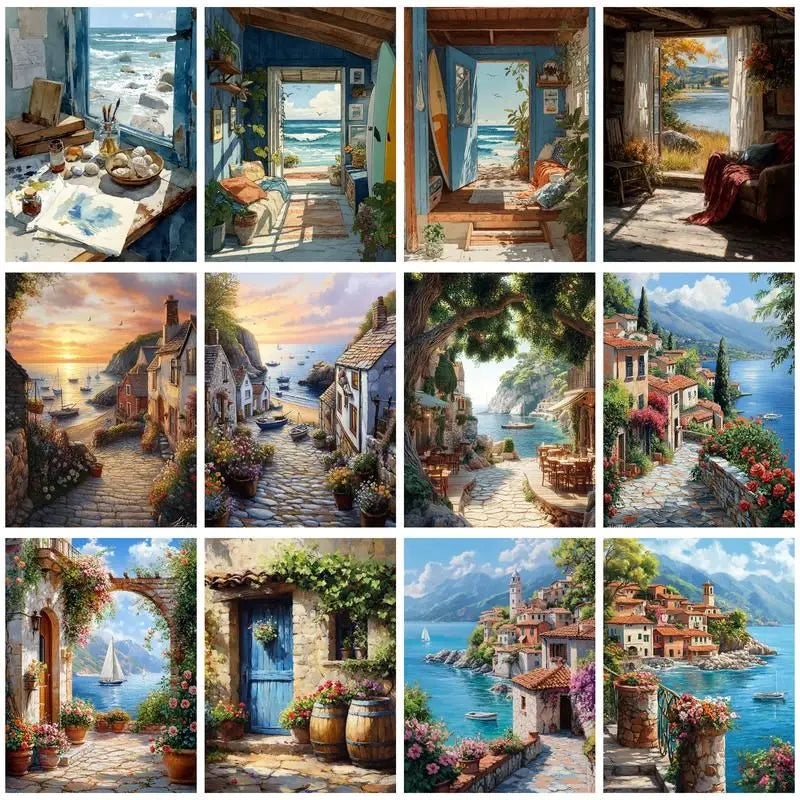 CHENISTORY Painting By Number Seaside  Landscape For Adults Picture By Numbers House Paint On Canvas DIY Frame Home Decoration