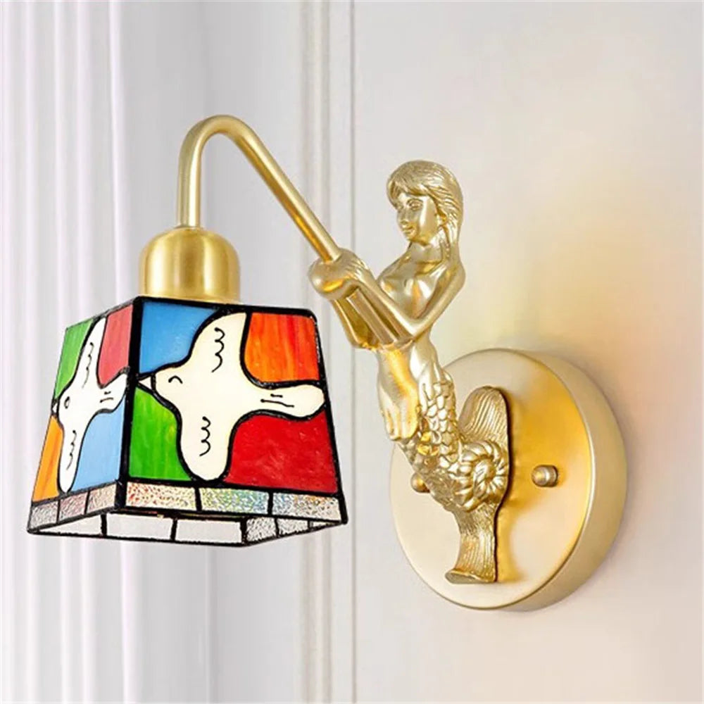 French Tiffany Stained Glass Bird Metal Gold Led Wall Lamp Living Room Bedroom Stairs Aisle Decoration Sconces Home Night Light