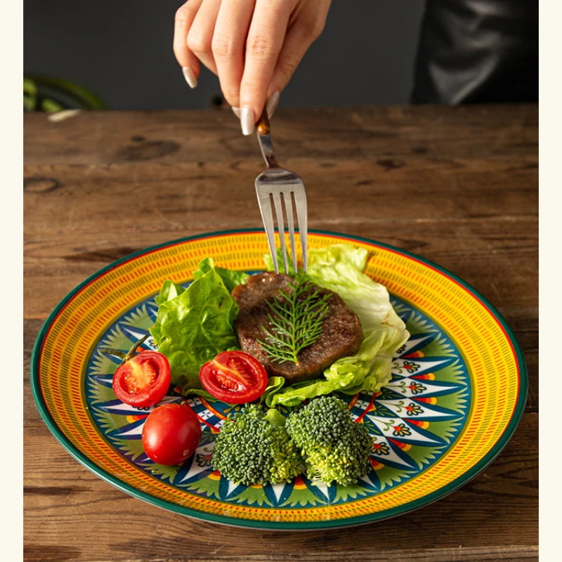 8IN Vintage Ceramic Plates Steak Plates Western Plates Flat  Dinner Plates And Shallow Plates Pasta Egg Vegetables Plate