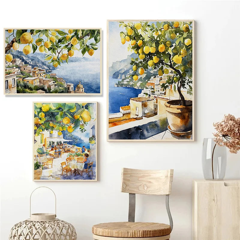 Paris Rome Santorini Coastal City Architecture landscape Watercolor Art Poster Canvas Paintings Wall Art Pictures Home Decor