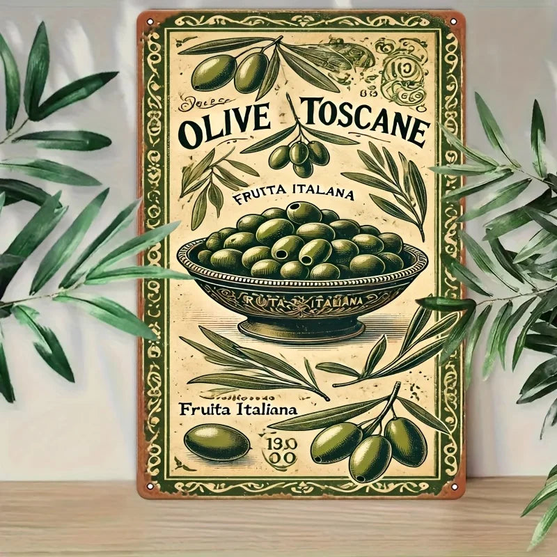 2D Flat, 2D Wall Art- Tuscan Olive Style Painting- Retro Metal Tin Picture, Art Decoration, Easy Installation, 19.81x29.97cm, In