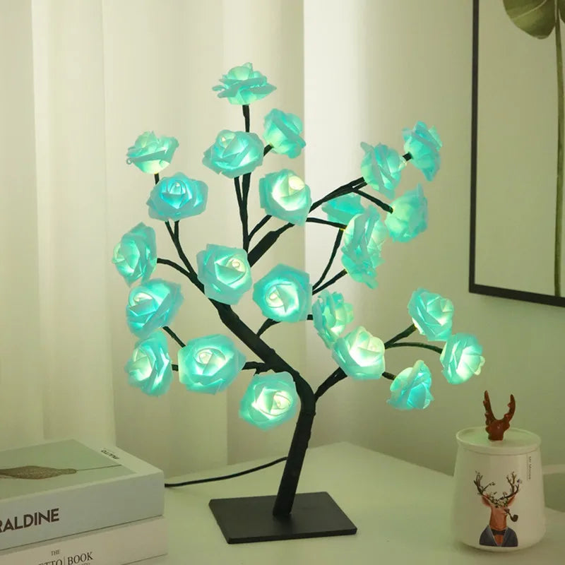 24 LED Rose Tree Lights USB Plug Table Lamp Fairy Flower Night Light For Home Party Christmas Wedding Bedroom Decoration Gift
