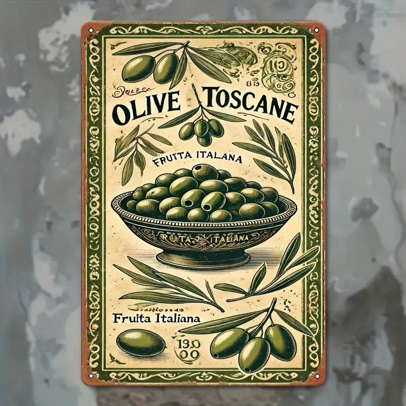 2D Flat, 2D Wall Art- Tuscan Olive Style Painting- Retro Metal Tin Picture, Art Decoration, Easy Installation, 19.81x29.97cm, In