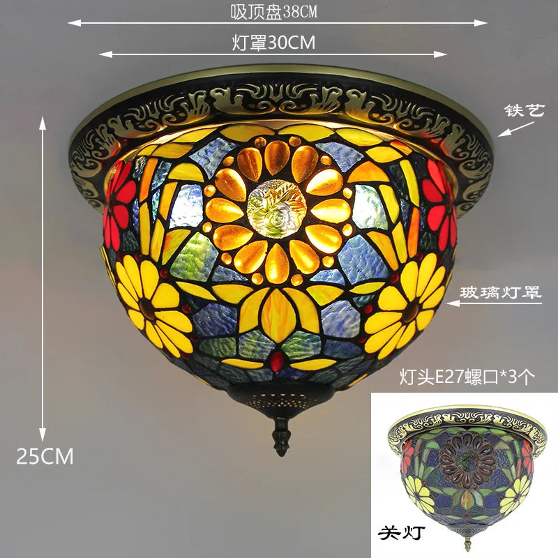 Tiffany Style Colored Glass Ceiling Lamp Retro American Art Deco Stained Glass Artistic for Living Room Dining Room Foyer