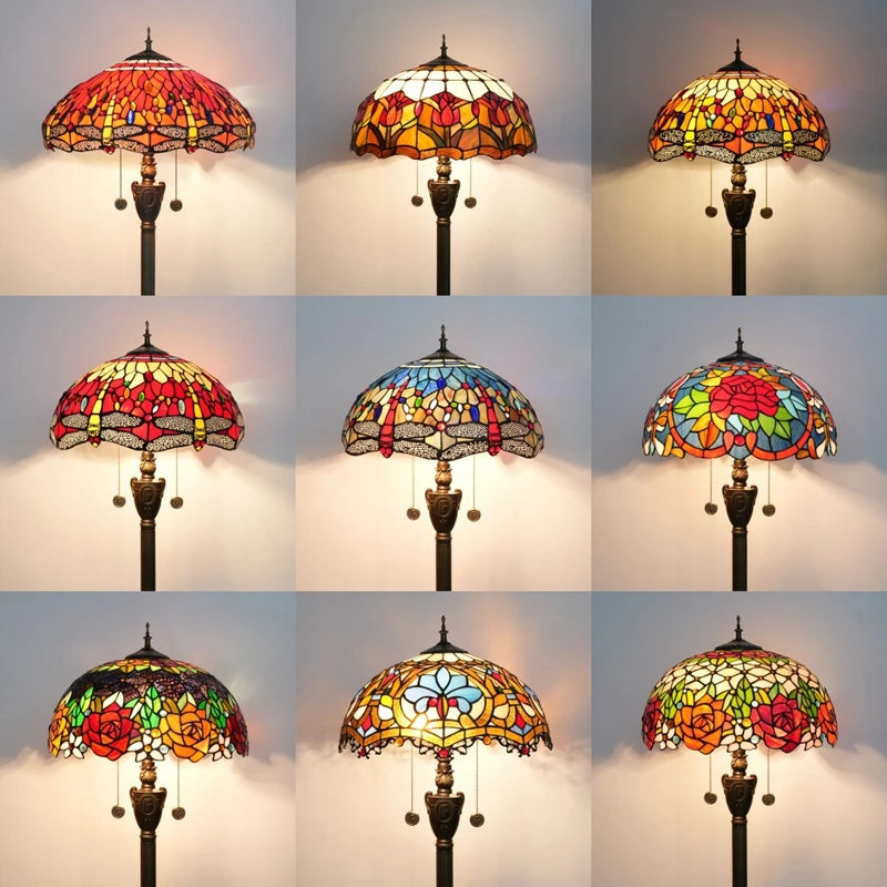 Tiffany Colorful Glass Floor Lamp for Living Room Dining Bedroom Vintage American Style Villa Bar Standing Light
