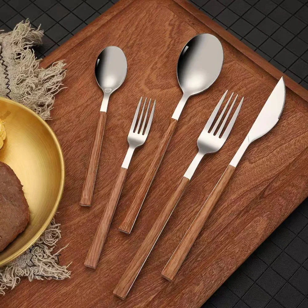 Creative Stainless Steel Spoon Fork Knife Portable Thickened Steak Knife Wood Grain Western Tableware Dessert Spoon