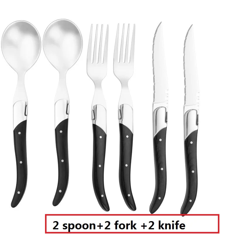 Laguiole Black Wood  Knives 6-Piece Black Wooden Handle Steak Knife Fork Spoon set Japanese Wood Cutlery Christmas Gift 8.7 in