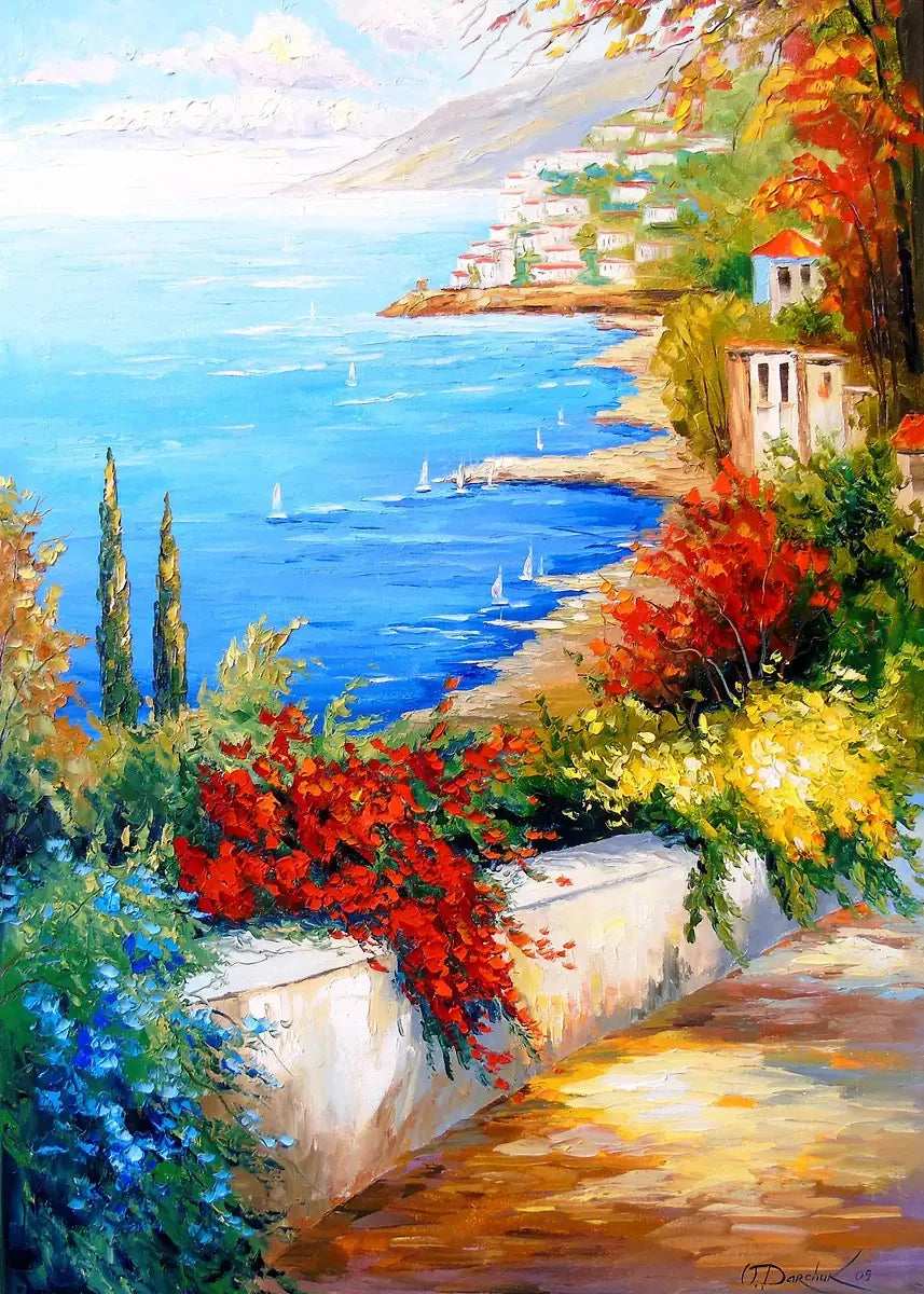DIY Oil Painting By Numbers Kits Mediterranean Santorini Greece Village Paint with NumbersHome Decor, Wall Art Perfect Gift,