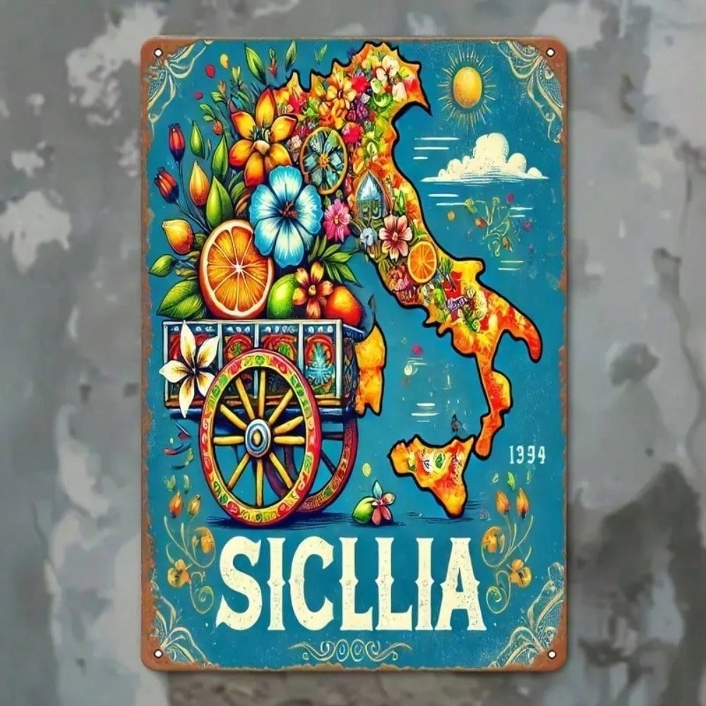 Sicilia Metal Wall Art: Vintage 2D Floral Train Sign, Weather-Resistant Iron Decor for Home