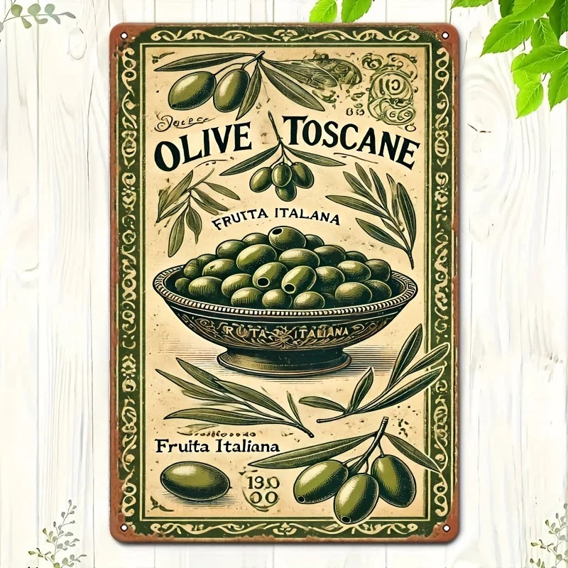2D Flat, 2D Wall Art- Tuscan Olive Style Painting- Retro Metal Tin Picture, Art Decoration, Easy Installation, 19.81x29.97cm, In