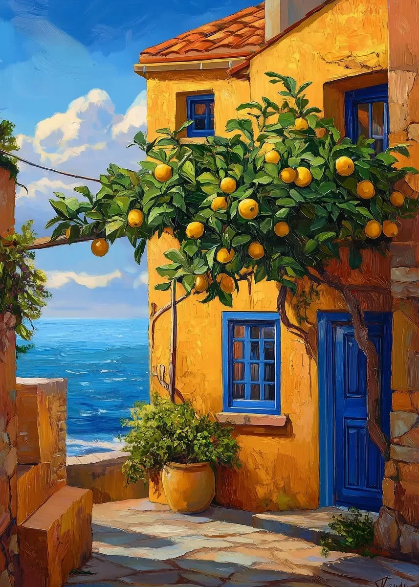 DIY Oil Painting By Numbers Kits Mediterranean Santorini Greece Village Paint with NumbersHome Decor, Wall Art Perfect Gift,