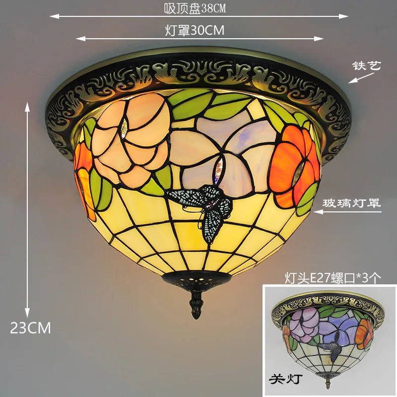 Tiffany Style Colored Glass Ceiling Lamp Retro American Art Deco Stained Glass Artistic for Living Room Dining Room Foyer