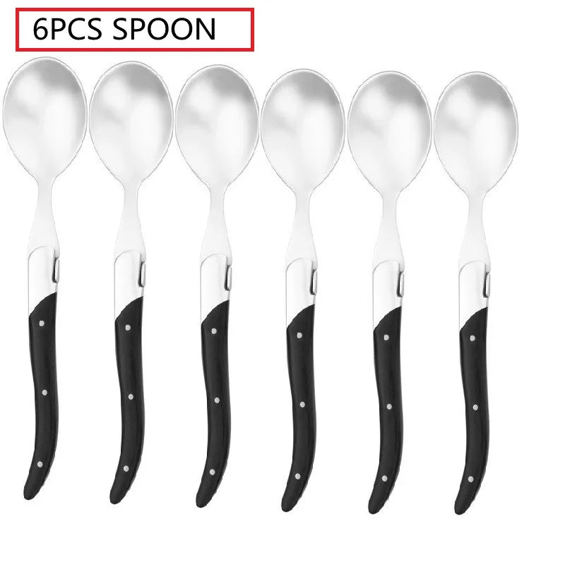 Laguiole Black Wood  Knives 6-Piece Black Wooden Handle Steak Knife Fork Spoon set Japanese Wood Cutlery Christmas Gift 8.7 in