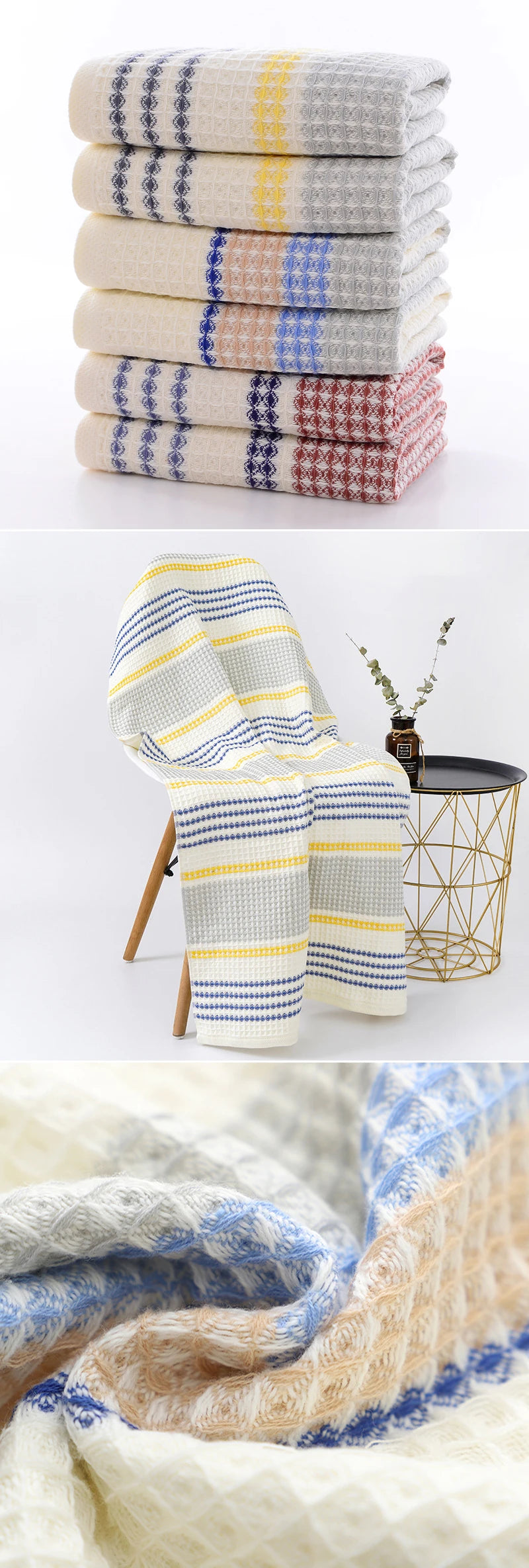 70x140cm Thickened 100%Cotton BathTowel Premium Striped Waffle Towel AdultKids Home super-Soft absorbent Not shedding hair Towel