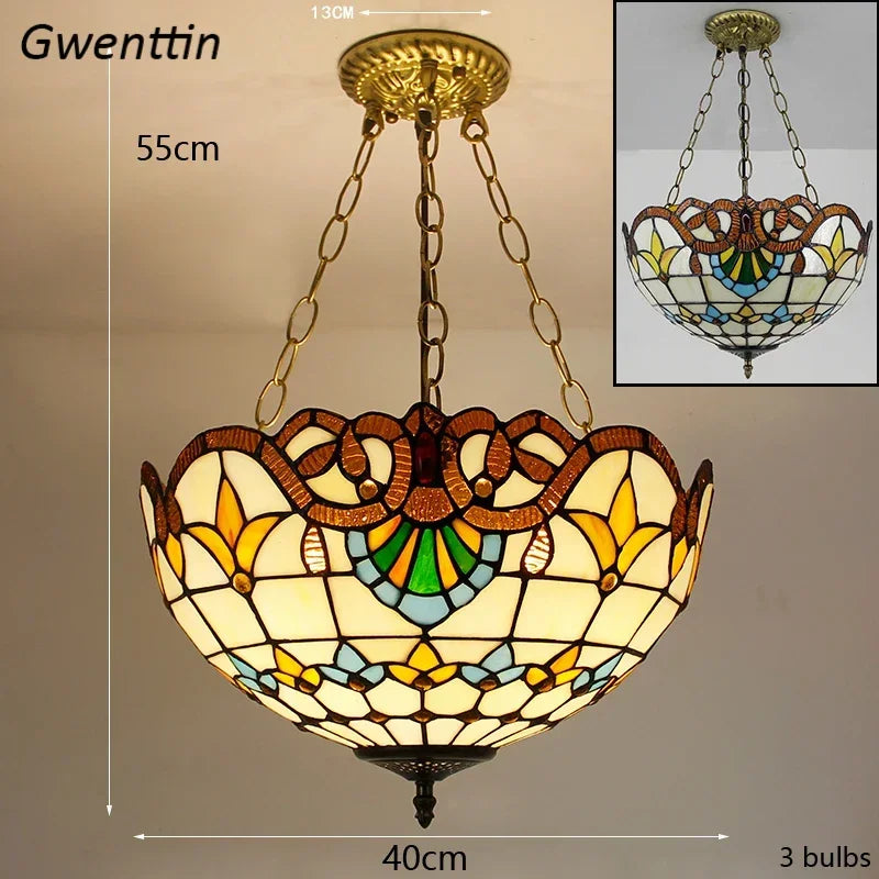 Mediterranean Tiffany Stained Glass Pendant Lights Vintage Hanging Lamp for Dining Room Kitchen Light Fixtures Home Art Decor