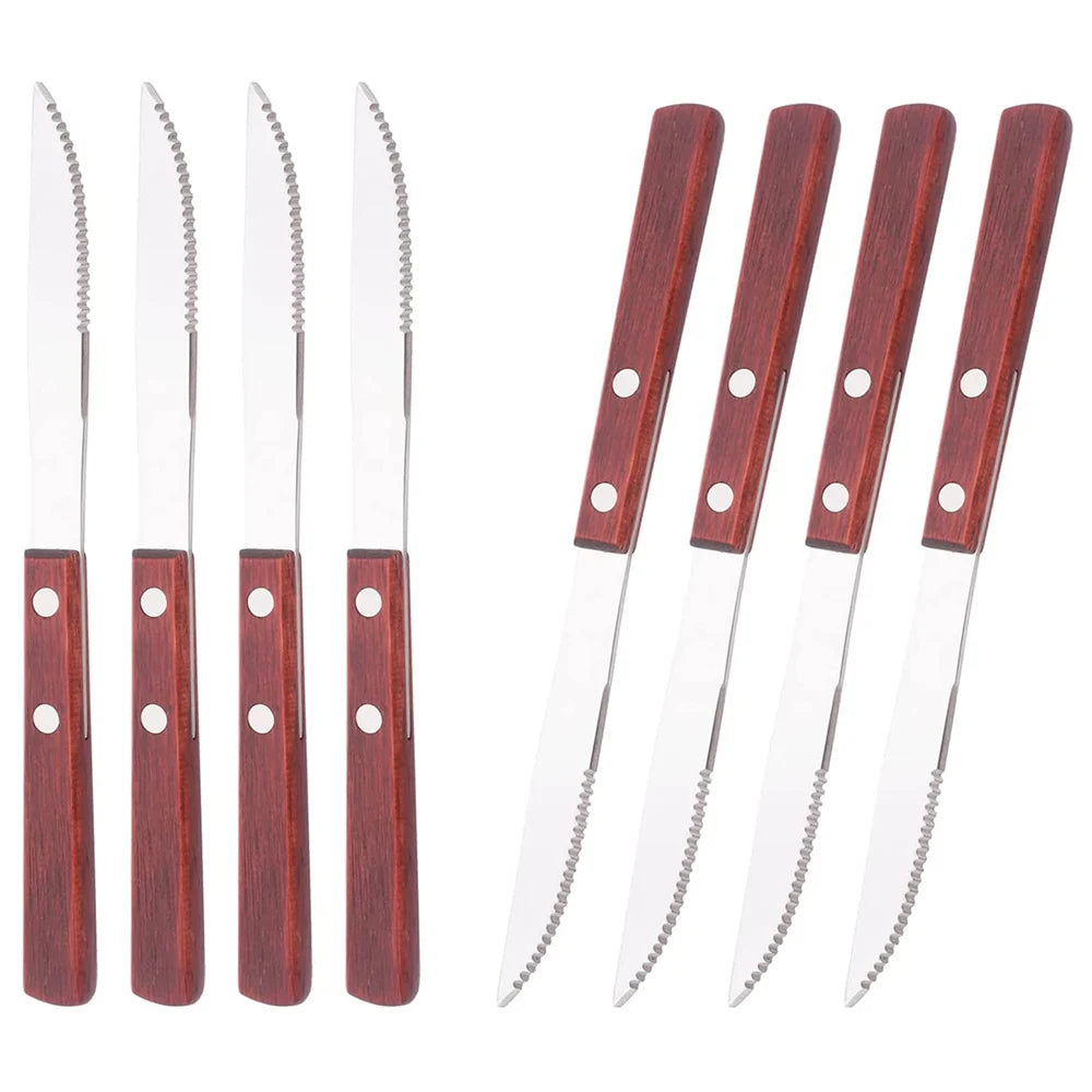 8Pcs Silver Wooden Handle Steak Knife Dinnerware Set Stainless Steel Flatware Sharp Knife Set Tableware Cutlery Knives Set