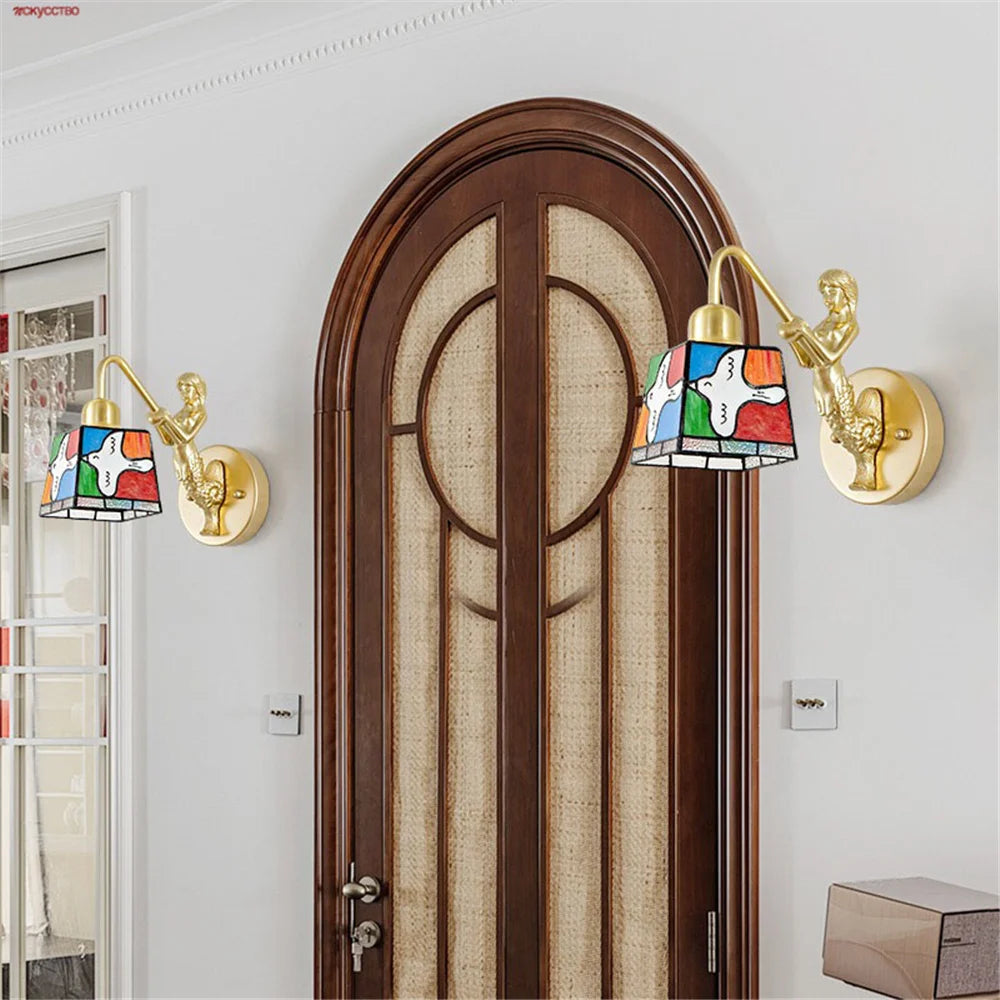 French Tiffany Stained Glass Bird Metal Gold Led Wall Lamp Living Room Bedroom Stairs Aisle Decoration Sconces Home Night Light