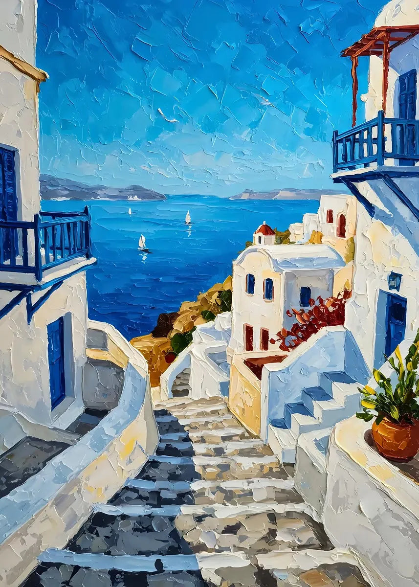 DIY Oil Painting By Numbers Kits Mediterranean Santorini Greece Village Paint with NumbersHome Decor, Wall Art Perfect Gift,
