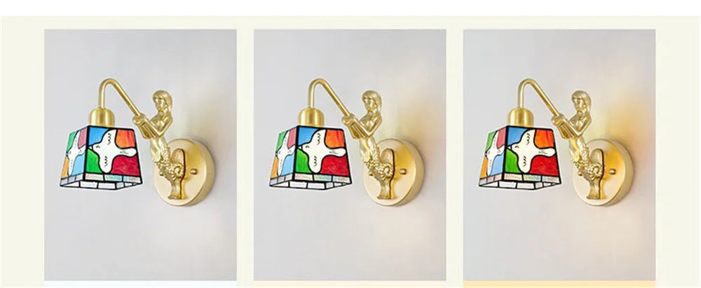 French Tiffany Stained Glass Bird Metal Gold Led Wall Lamp Living Room Bedroom Stairs Aisle Decoration Sconces Home Night Light