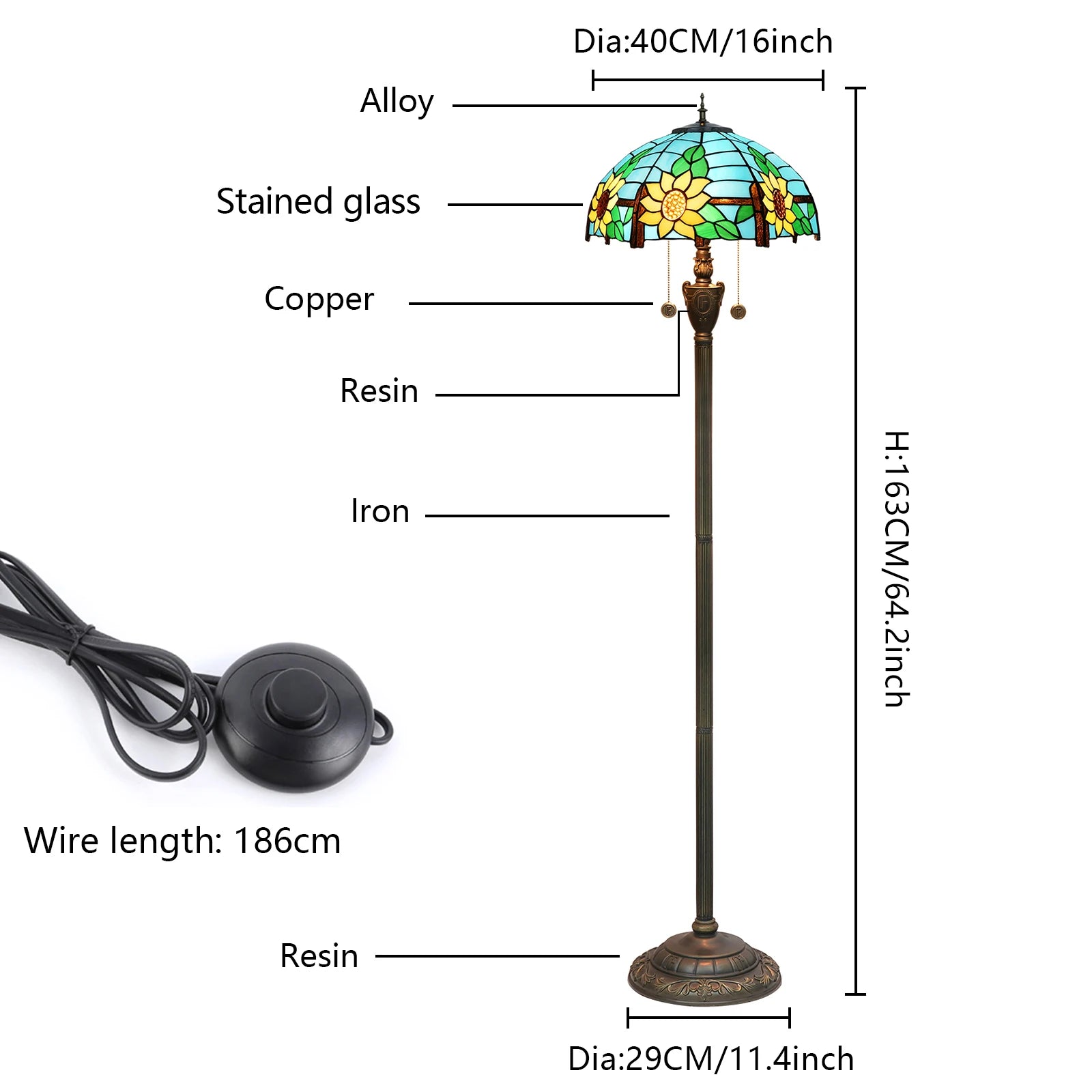 Tiffany Colorful Glass Floor Lamp for Living Room Dining Bedroom Vintage American Style Villa Bar Standing Light