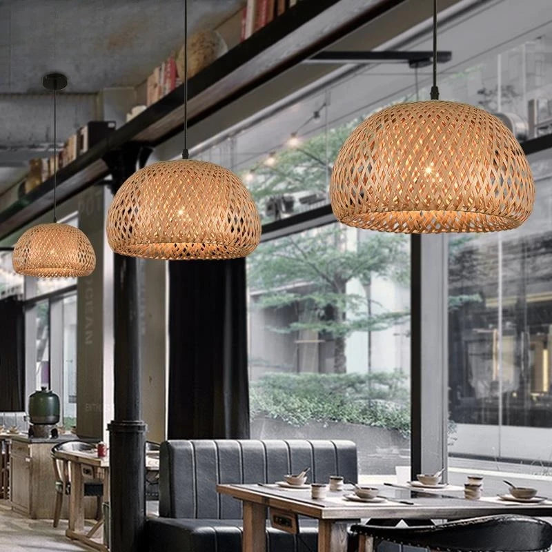 Bamboo Lantern Pendant Lamp Natural Rattan Wicker E27 LED Chandeliers Hand-Woven Lampshades Lighting Fixture Hanging Light