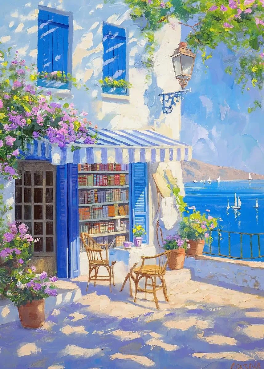DIY Oil Painting By Numbers Kits Mediterranean Santorini Greece Village Paint with NumbersHome Decor, Wall Art Perfect Gift,