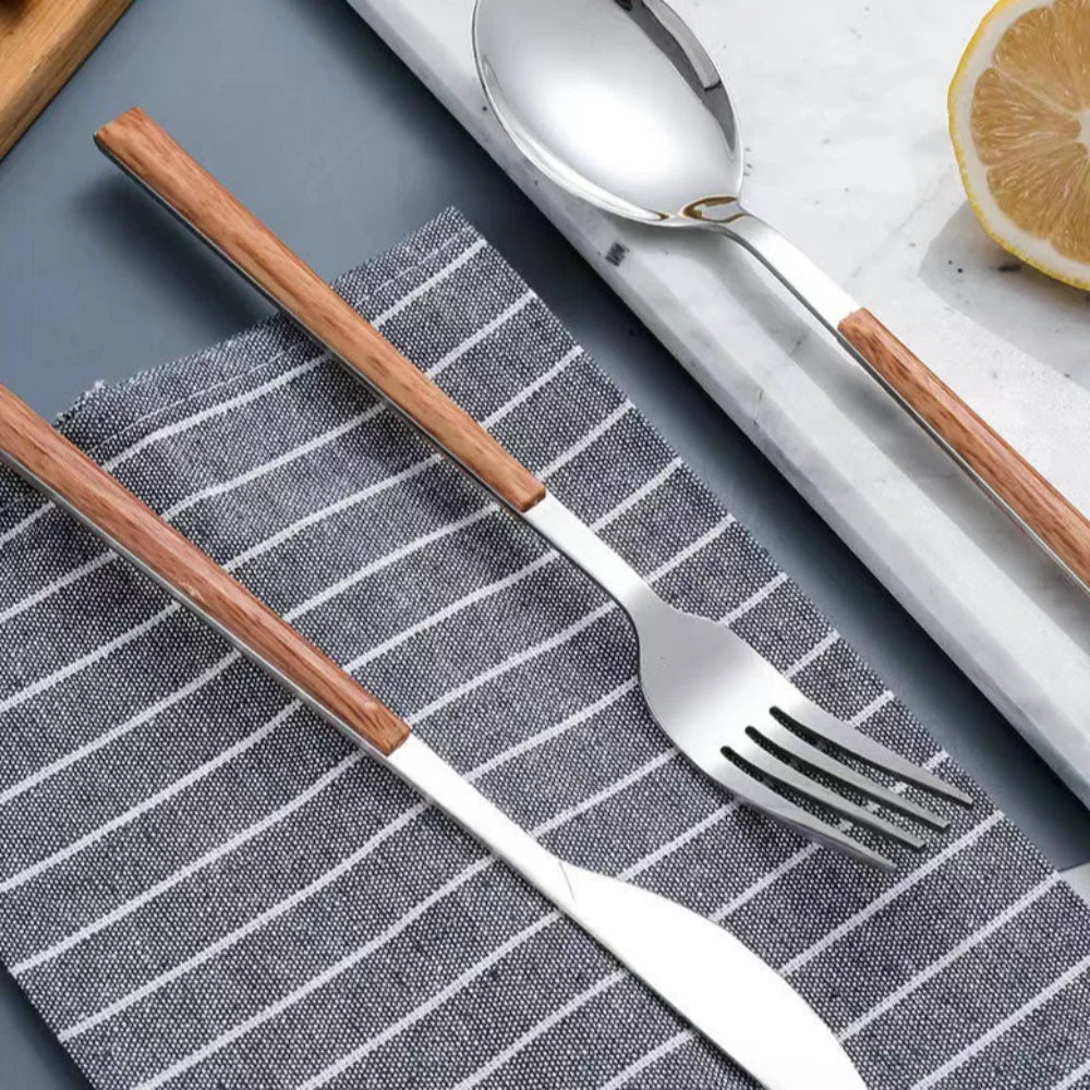 Creative Stainless Steel Spoon Fork Knife Portable Thickened Steak Knife Wood Grain Western Tableware Dessert Spoon
