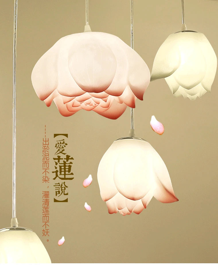 New Chinese Lotus Lamp Pendant Lamp Pink Lotus Glass Lustre Pendant Lights Living Dining Room Tea Room Lotus Lamp Home Decor