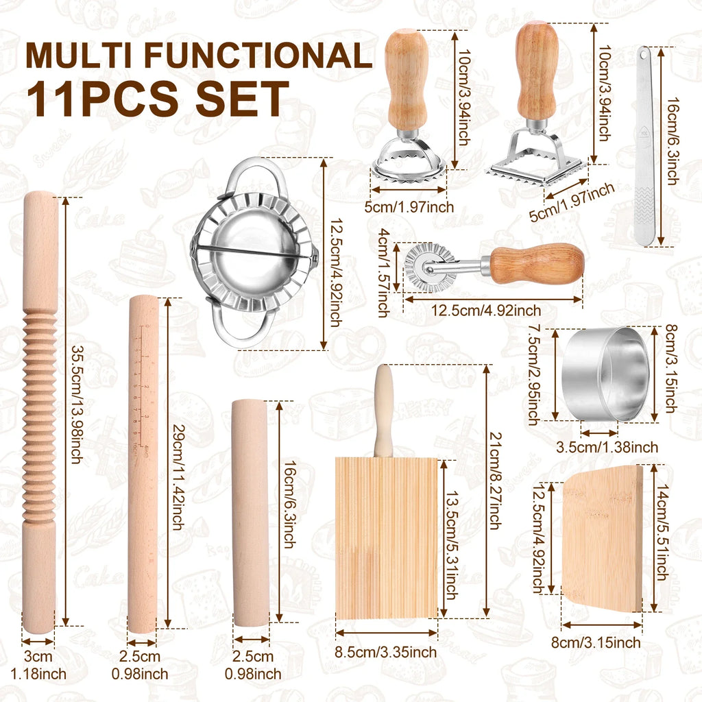 11Pcs Pasta Making Tools Kit Efficient Pasta Making Set w/ Wooden Threaded Rolling Pin Gnocchi Board Dough Cutter Dumpling Maker