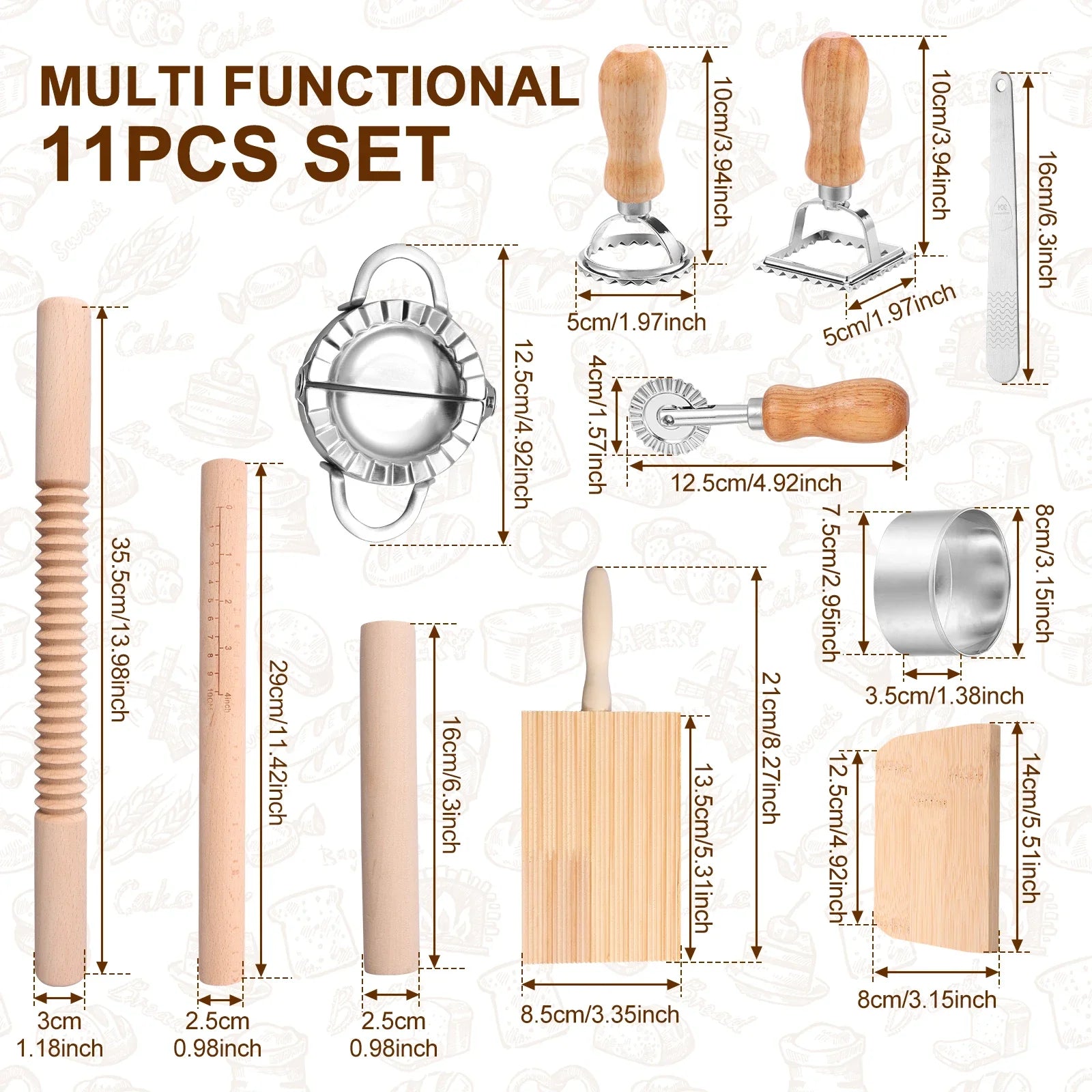 11Pcs Pasta Making Tools Kit Efficient Pasta Making Set w/ Wooden Threaded Rolling Pin Gnocchi Board Dough Cutter Dumpling Maker