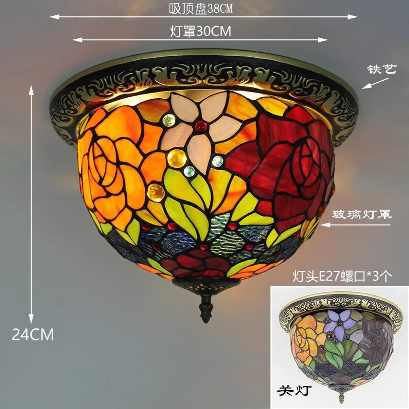 Tiffany Style Colored Glass Ceiling Lamp Retro American Art Deco Stained Glass Artistic for Living Room Dining Room Foyer