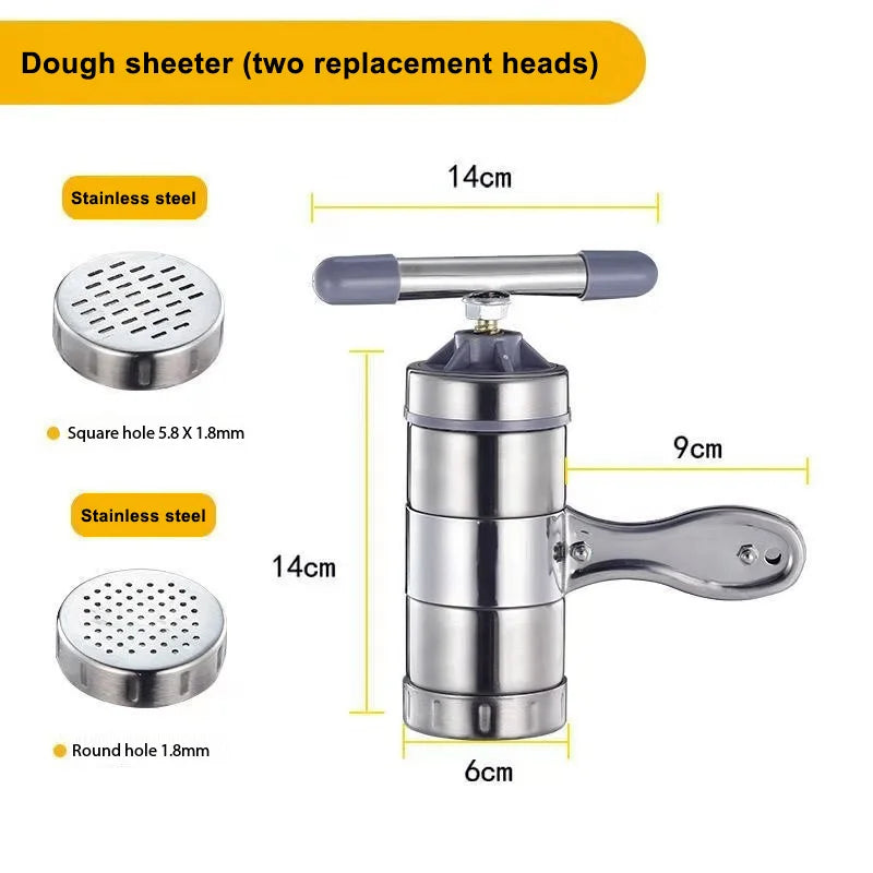 Stainless Steel Household Small Manual Noodle Pressing Machine Shake Pasta Noodle Making Machine with 2 Interchangeable Molds