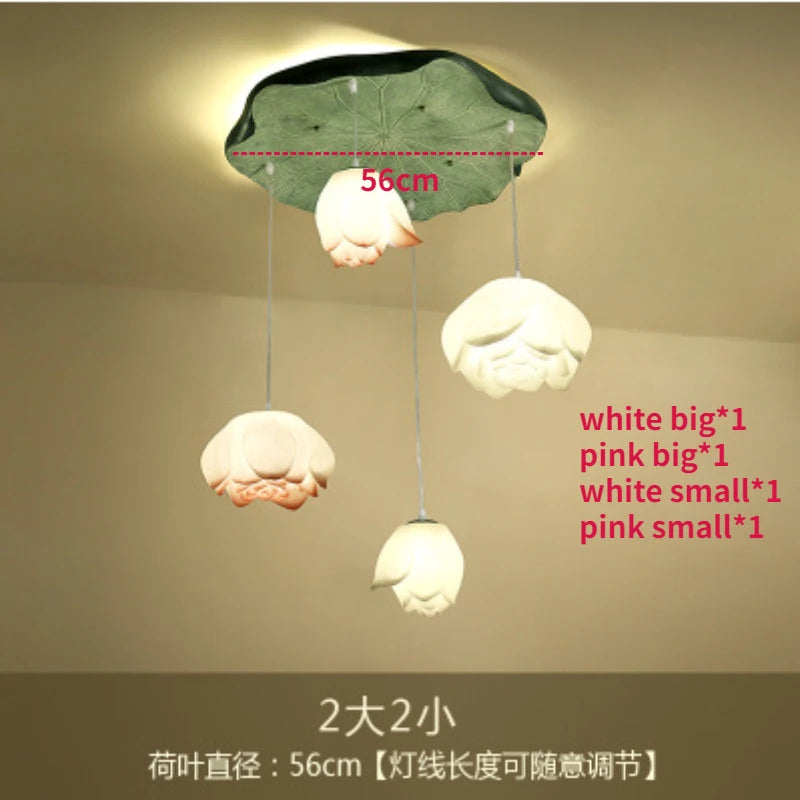 New Chinese Lotus Lamp Pendant Lamp Pink Lotus Glass Lustre Pendant Lights Living Dining Room Tea Room Lotus Lamp Home Decor