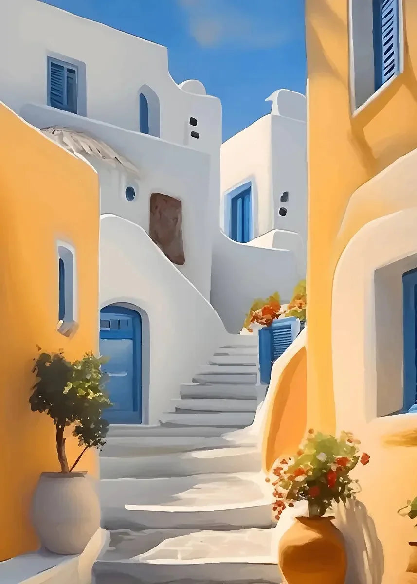 DIY Oil Painting By Numbers Kits Mediterranean Santorini Greece Village Paint with NumbersHome Decor, Wall Art Perfect Gift,