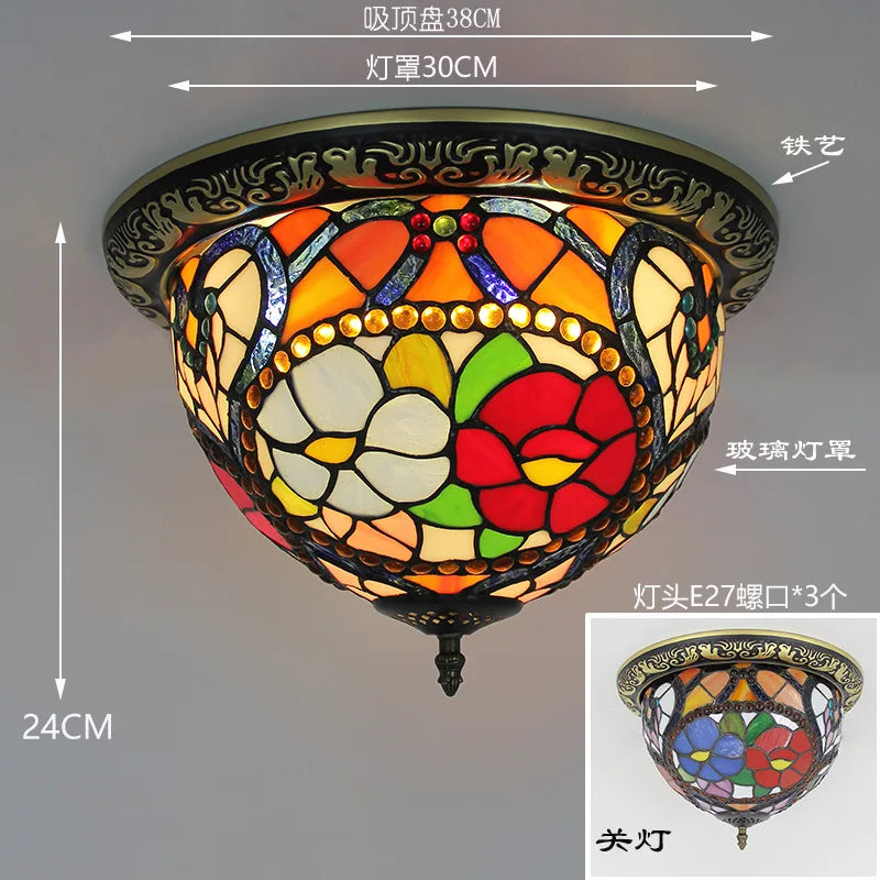 Tiffany Style Colored Glass Ceiling Lamp Retro American Art Deco Stained Glass Artistic for Living Room Dining Room Foyer