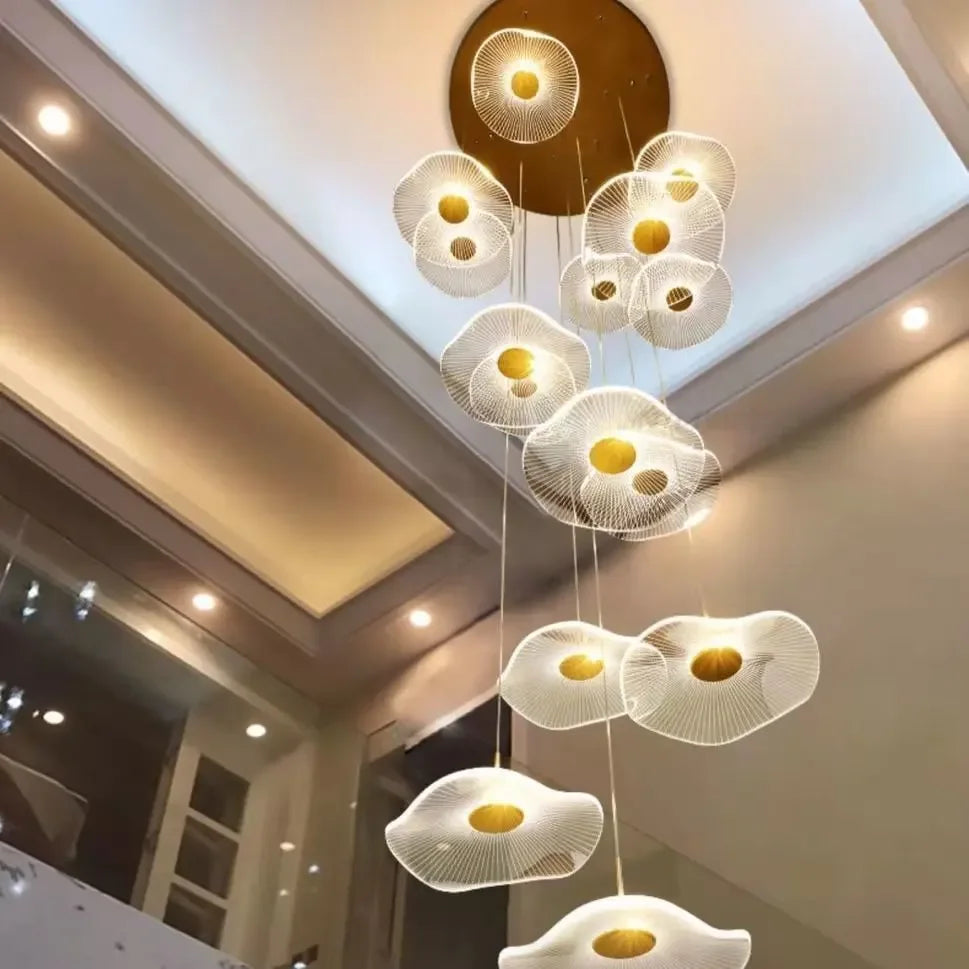 Modern LED Lotus Chandelier For Staircase Dining Room Luxury Gold Indoor Hanging Lamp Nordic Loft Long Creative Lighting Fixture
