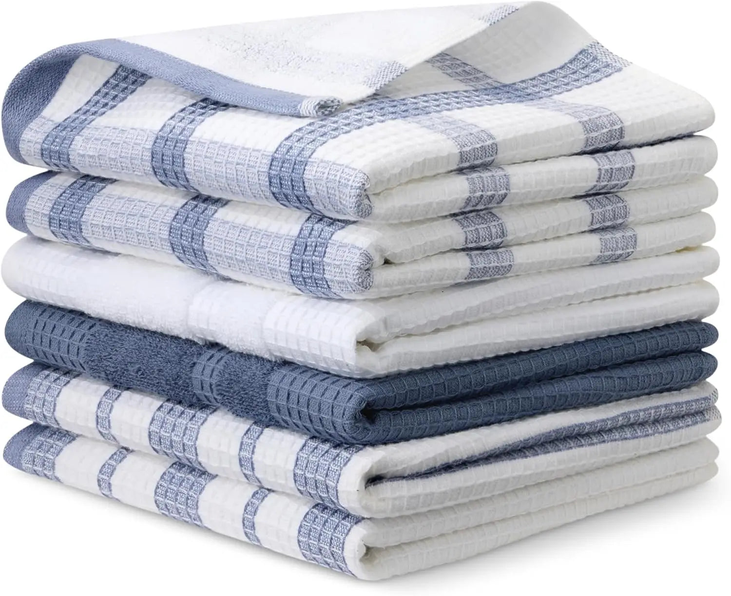 Organic cotton waffle-pattern kitchen dishcloths - highly absorbent, quick-drying, lint-free, 15 x 25 inches, 6-piece set (4 nav