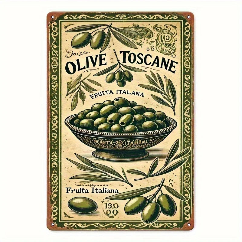 2D Flat, 2D Wall Art- Tuscan Olive Style Painting- Retro Metal Tin Picture, Art Decoration, Easy Installation, 19.81x29.97cm, In